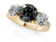 Fancy Black Round Cut Diamond Three-Stone Engagement Ring Set in Yellow gold with Milgrain Pavé Band