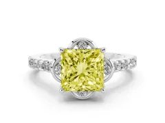 Fancy Yellow Princess Cut Diamond Solitaire Ring Set in White gold with Pavé Band and Floral Prong Setting