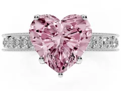 Fancy Pink Heart Cut Diamond Solitaire Ring Set in Platinum with Milgrain-Edged Pavé Band and Prong Setting