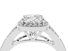 Cushion Cut Diamond Halo Split Shank Pavé Ring Set in Silver with Prong Setting