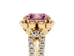 Fancy Pink Asscher Cut Diamond Floral Halo Split Shank Engagement Ring Set in Yellow gold with Pavé Shank