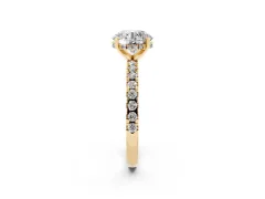 Round Cut Diamond Pavé Solitaire Ring Set in Yellow gold with Round Band Accents and Prong Setting