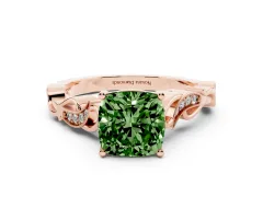 Fancy Green Cushion Cut Diamond Vine Band Solitaire Ring Set in Rose gold with Milgrain Prong Setting