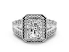 Radiant Cut Diamond Halo Ring Set in Silver with Stone-Set Split Shank and Milgrain Edges