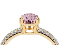 Fancy Pink Pear Cut Diamond Solitaire Ring Set in Yellow gold with Multi-Row Round Pavé Band and Prong Setting
