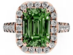 Fancy Green Emerald Cut Diamond Halo Engagement Ring Set in Rose gold with Pavé Band and Prong-Set Center