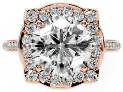 Round Cut Diamond Halo Ring Set in Rose gold with Pavé-Lined Shoulders and Prong Setting