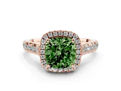 Fancy Green Cushion Cut Diamond Halo Engagement Ring Set in Rose gold with Pavé Band and Prong-Set Center