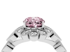 Fancy Pink Oval Cut Diamond Solitaire Ring Set in White gold with Milgrain Pavé Heart Band