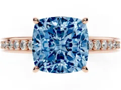 Fancy Blue Cushion Cut Diamond Pavé Band Prong Set Solitaire Ring Set in Rose gold