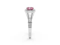 Fancy Pink Cushion Cut Diamond Halo Split Shank Pavé Ring Set in White gold with Prong Setting