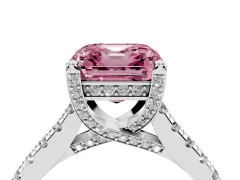 Fancy Pink Asscher Cut Diamond Solitaire Ring Set in Platinum with Brilliant Pavé Band and Prong Setting