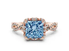 Fancy Blue Princess Cut Diamond Halo Twist Band Solitaire Ring Set in Rose gold with Prong-Set Center Stone