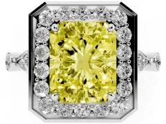 Fancy Yellow Radiant Cut Diamond Halo Engagement Ring Set in White gold with Twisted Band and Prong Setting