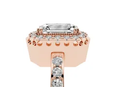Emerald Cut Diamond Halo Ring Set in Rose gold with Pavé Shank and Prong Setting