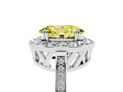 Fancy Yellow Oval Cut Diamond Halo Ring Set in Platinum with Accent-Lined Split Shank and Prong Setting