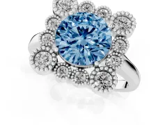 Fancy Blue Round Cut Diamond Cluster Halo Ring Set in Silver with Milgrain Bezel Accents and Plain Band