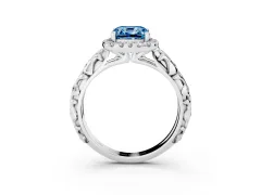 Fancy Blue Cushion Cut Diamond Halo Ring Set in Silver with Filigree Leaf Band and Prong Setting