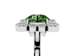 Fancy Green Round Cut Diamond Cluster Halo Ring Set in Silver with Milgrain Bezel Accents and Plain Band