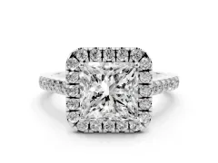 Princess Cut Diamond Pavé Halo Engagement Ring Set in Platinum with Pavé Band and Prong Setting