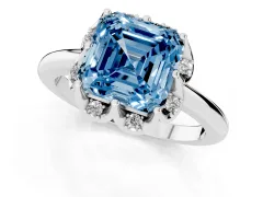 Fancy Blue Asscher Cut Diamond Round Cluster Halo Ring Set in Platinum with Solitaire Band and Prong Setting