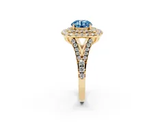 Fancy Blue Round Cut Diamond Double Halo Ring Set in Yellow gold with Pavé Split Shank and Prong Setting