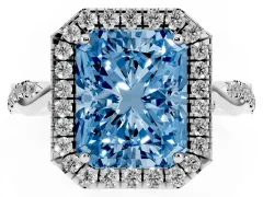 Fancy Blue Radiant Cut Diamond Halo Twist Band Solitaire Ring Set in White gold with Prong Setting