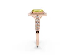 Fancy Yellow Emerald Cut Diamond Milgrain Halo Solitaire Ring Set in Rose gold with Bezel Set Side Stones and Pavé Band