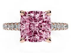 Fancy Pink Cushion Cut Diamond Solitaire Ring Set in Rose gold with Brilliant Pavé Band and Prong Setting