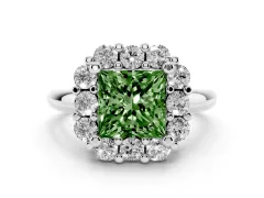 Fancy Green Princess Cut Diamond Halo Cluster Engagement Ring Set in White gold with Polished Band and Prong Setting