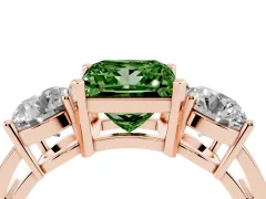 Fancy Green Princess Cut Diamond Three-Stone Ring Set in Rose gold with Round Side Stones and Classic Band