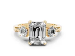 Fancy Pink Emerald Cut Diamond Three-Stone Ring Set in Yellow gold with Pavé Band and Smaller Side Stones