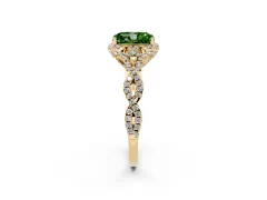 Fancy Green Radiant Cut Diamond Halo Twist Band Solitaire Ring Set in Yellow gold with Prong-Set Center Stone