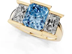 Fancy Blue Radiant Cut Diamond Three-Stone Channel Set Ring Set in Yellow gold with Smooth Polished Band