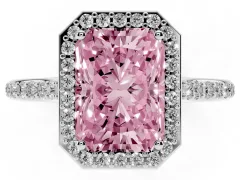 Fancy Pink Radiant Cut Diamond Halo Engagement Ring Set in Platinum with Round Pavé Shoulders and Heart Gallery