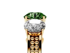 Fancy Green Round Cut Diamond Three-Stone Ring Set in Yellow gold with Textured Band