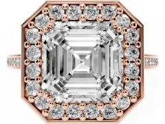 Asscher Cut Diamond Halo Ring Set in Rose gold with Accent-Lined Split Shank and Prong Setting
