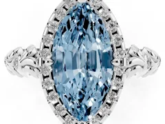 Fancy Blue Marquise Cut Diamond Halo Ring Set in White gold with Filigree Leaf Band and Prong Setting