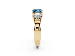 Fancy Blue Asscher Cut Diamond Three-Stone Ring Set in Yellow gold with Round Side Stones and Classic Band