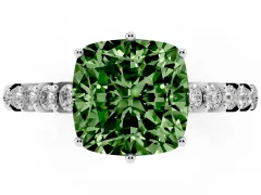 Fancy Green Cushion Cut Diamond Solitaire Engagement Ring Set in Silver with Pavé Band and Prong Setting