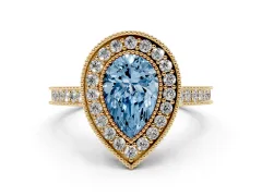 Fancy Blue Pear Cut Diamond Halo Milgrain Pavé Band Ring Set in Yellow gold with Prong Setting