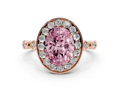 Fancy Pink Oval Cut Diamond Halo Engagement Ring Set in Rose gold with Twisted Band and Prong Setting