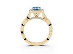 Fancy Blue Emerald Cut Diamond Halo Twist Band Solitaire Ring Set in Yellow gold with Prong Setting