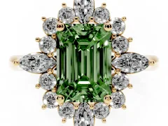 Fancy Green Emerald Cut Diamond Cluster Halo Ring Set in Yellow gold with Marquise and Round Accents