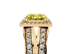 Fancy Yellow Asscher Cut Diamond Halo Ring Set in Yellow gold with Double Pavé Split Shank