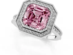 Fancy Pink Asscher Cut Diamond Halo Milgrain Pavé Band Ring Set in Platinum with Prong Setting