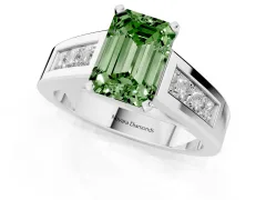 Fancy Green Emerald Cut Diamond Solitaire Ring Set in Platinum with Channel-Set Accent Stones and Prong Setting