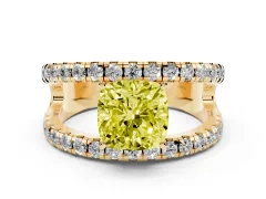 Fancy Yellow Cushion Cut Diamond Split Shank Pavé Solitaire Ring Set in Yellow gold with Open Shank Design