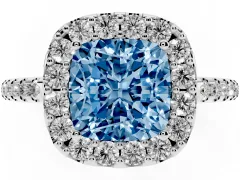 Fancy Blue Cushion Cut Diamond Pavé Halo Ring Set in Platinum with Prong Setting