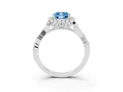 Fancy Blue Cushion Cut Diamond Halo Ring Set in Silver with Leaf Motif Split Shank and Prong Setting